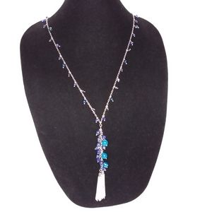 Tassel Necklace Blue Beads Silver Tone C 1946